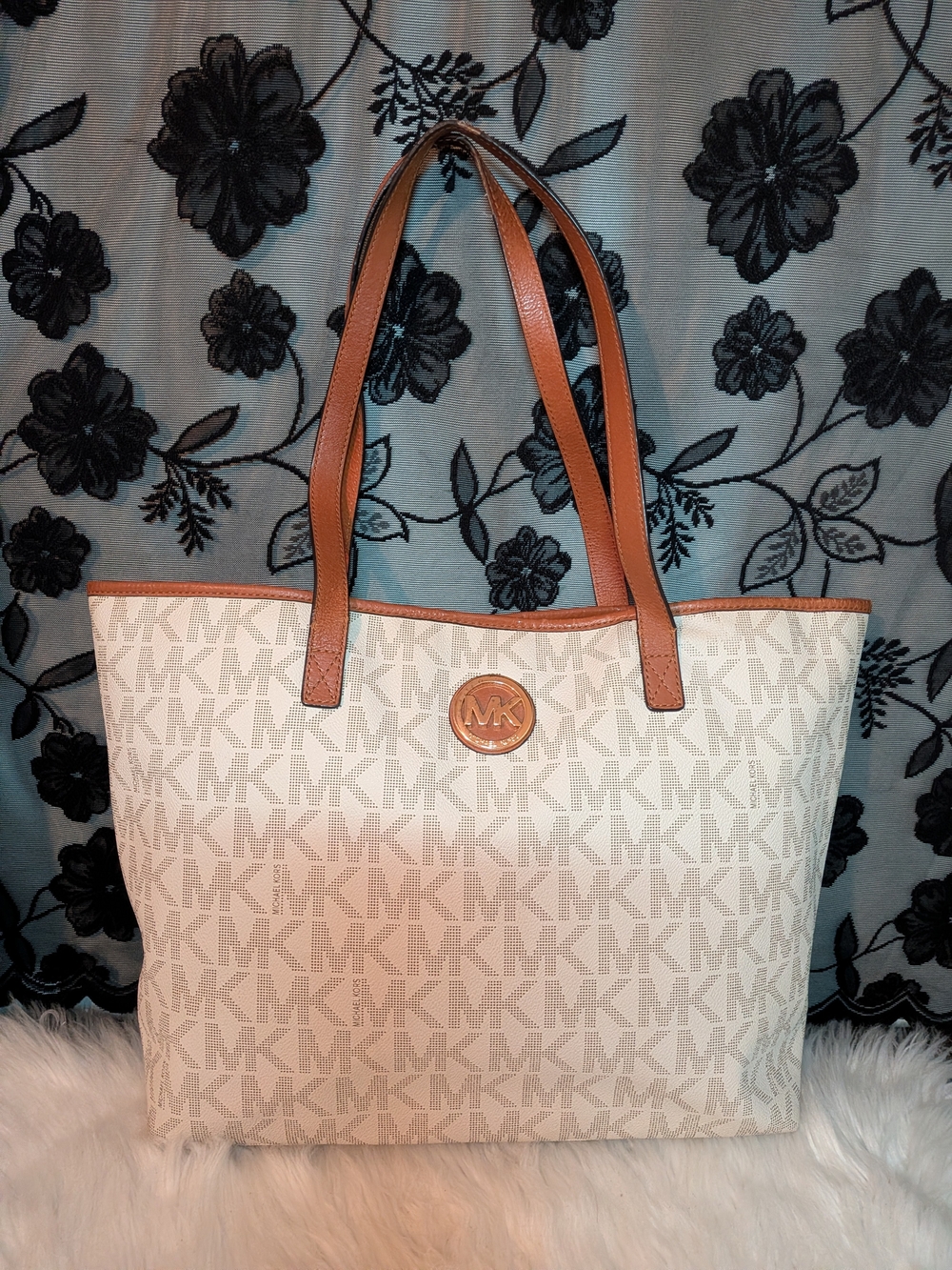 Michael Kors Beige Logo Large Tote with Tan Trim
